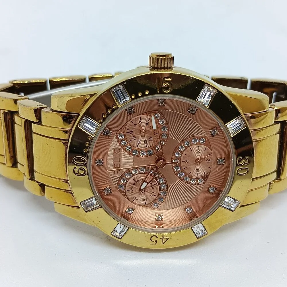 Relic ZR15668 Women's 34mm Gold Tone Multifunction Crystal Accent Watch